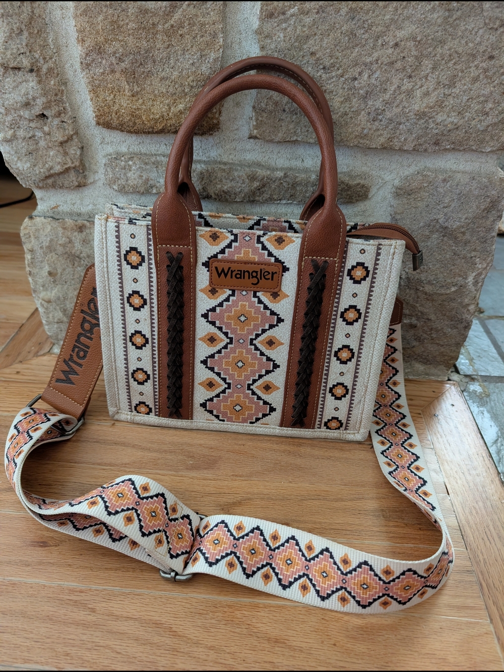 Wrangler Beige & Brown Patterned Crossbody Tote with Removable Strap Boho